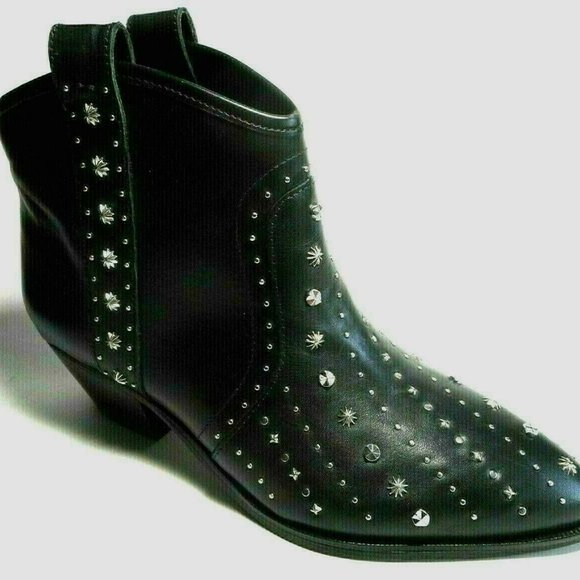 NEW SAM EDELMAN Black Leather Western Silver Rivet Ankle Heel Boots - Picture 1 of 6